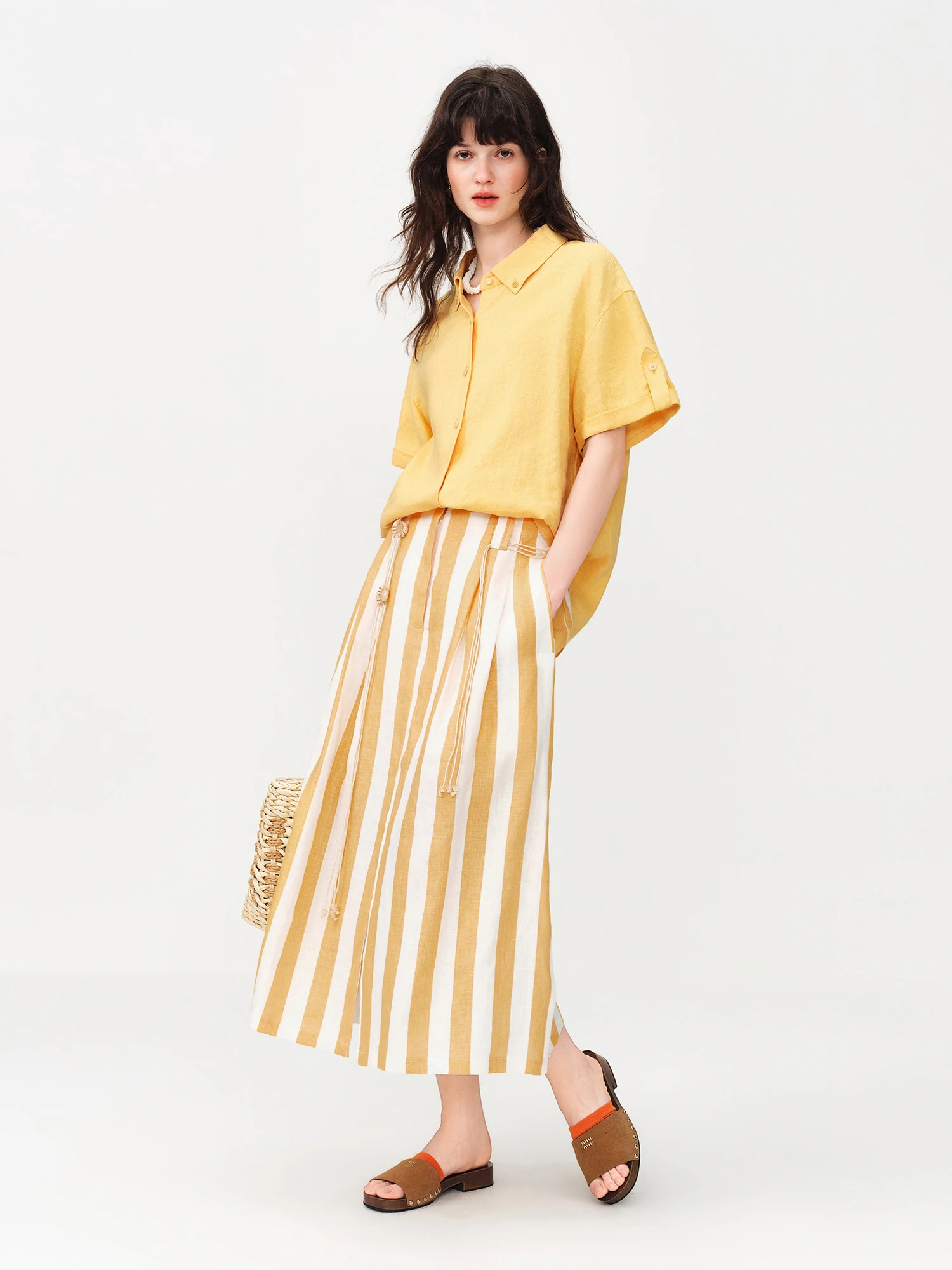 FSLE 2026 Summer Women's Lemon and White Striped A-Line Mini Skirt - Casual Nature-Inspired Flowy Style for Daily Outings