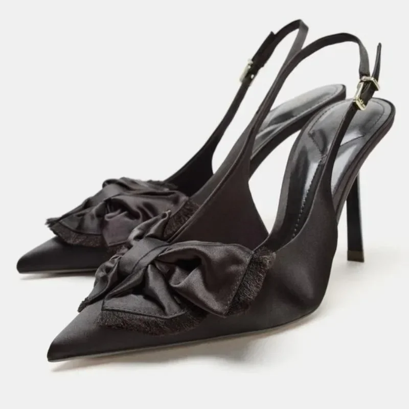 الساتان Bowknot عالية الكعب النساء أحذية الزفاف أشار تو مشبك حزام العلامة التجارية الفاخرة مصمم فستان الحفلات الإناث Slingback مضخات #1