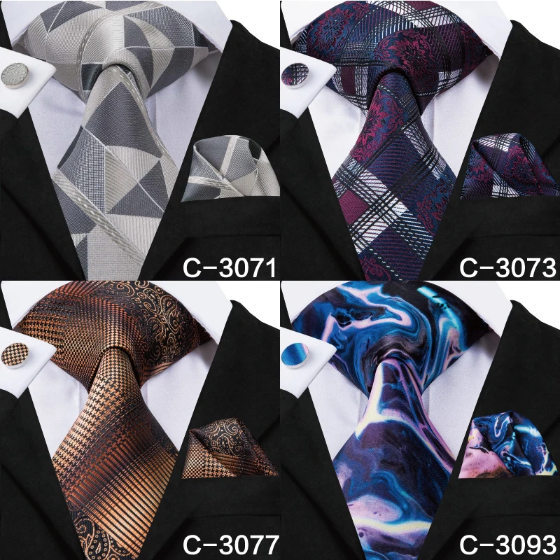 C-3014 Hi-Tie Men Tie Silk Necktie Plaid Brown Ties for Men High Quality Hanky Cufflinks Set Men\'s Wedding Pocket Square Tie Set