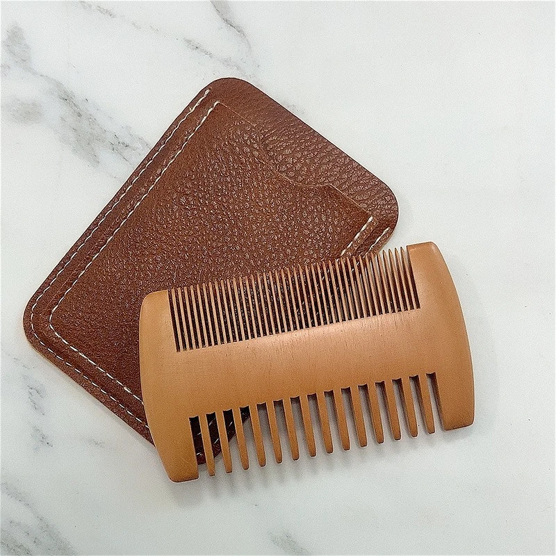 

Карманная расческа из натурального грушевого дерева с защитным кожаным чехлом, антистатическая двусторонняя портативная деревянная расческа, расческа в форме бороды