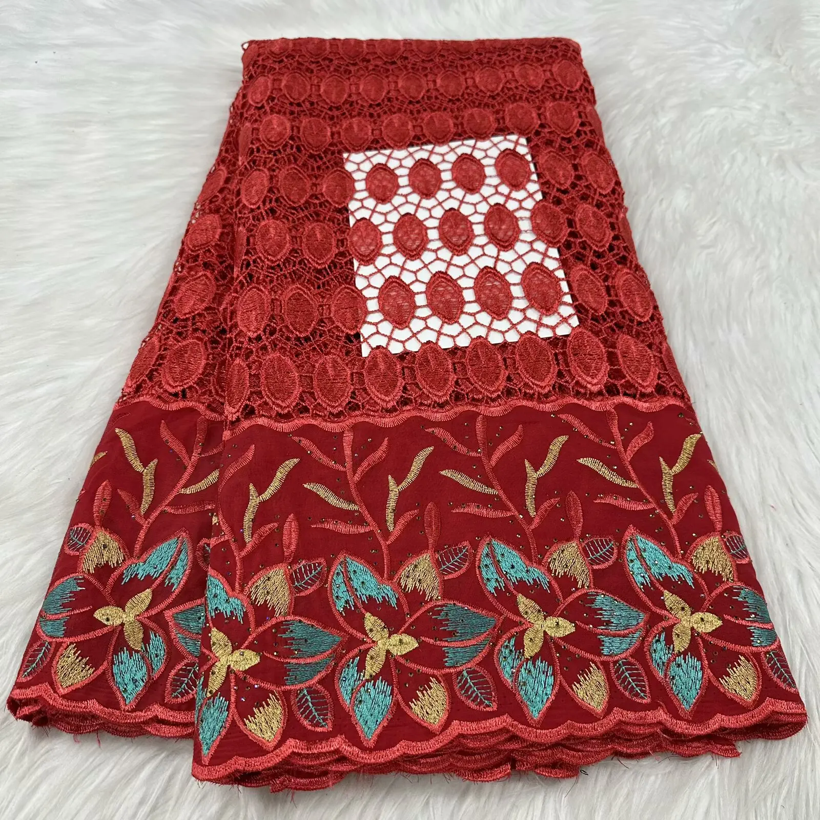 

African Nigerian Cotton Wedding Lace Fabric, Party Dress stones for Sewing, Water Soluble, High Quality, 5Yards