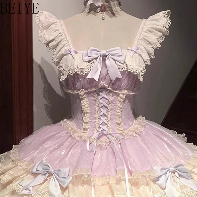 Purple Cute Girl Ballet Cake Dress Lolita Style Japanese Jsk Sweet Everyday Dress Women's Sleeveless Princess Sweet Dresses