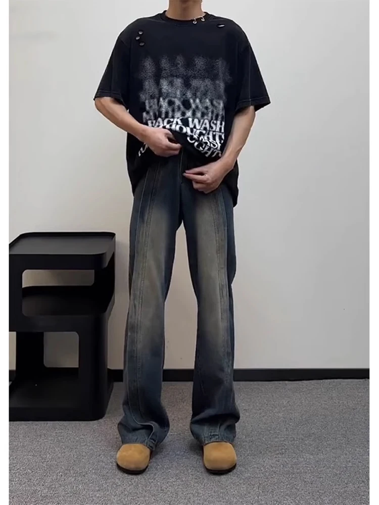 

Retro Blue Denim Jeans American Vibe High Street Straight Leg Workwear Trousers Trendy Brand Cool Street Sle Men's Design