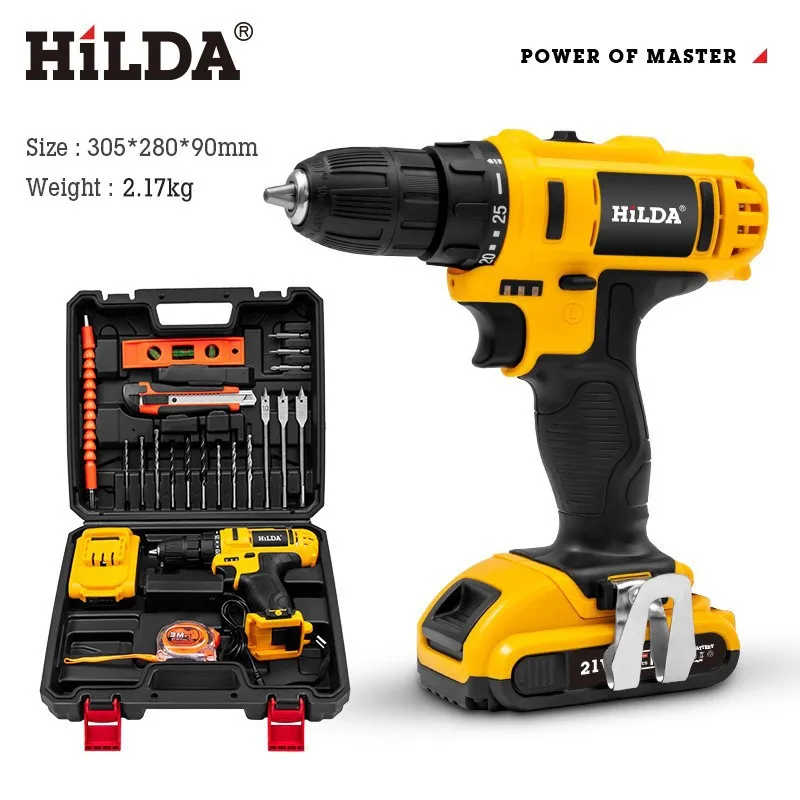 HILDA 21V Electric Drill Electric Screwdriver 25+1 Torque With Li-ion Battery Driver Power Tools Yellow Drill and LED