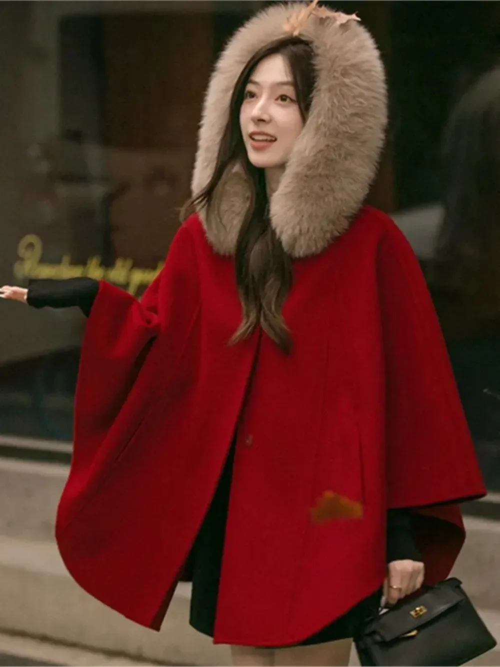 

Women's Winter Clothing 2024 New Red Double-faced Wool Cloak Coat Detachable Fur Hooded Overcoat Real Fox Fur Collar Warm Jacket