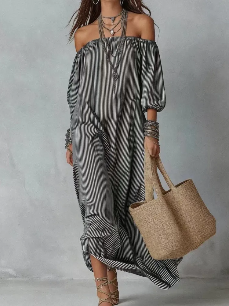 Casual Dresses New Spring Summer Elegant Striped Off-shoulder Loose Holiday Fashion Dress For Women Office Holiday Party Dress - Image 3
