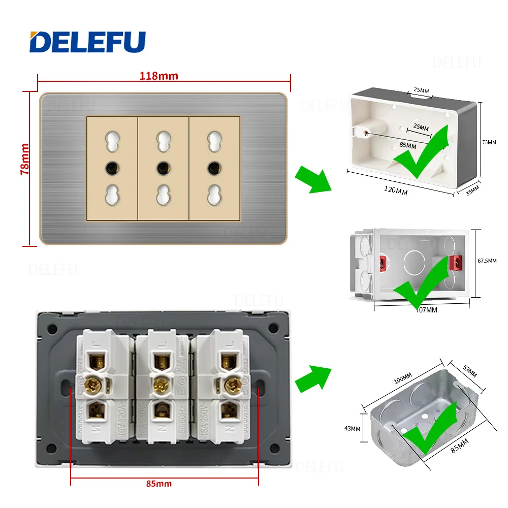 DELEFU- Italian Standard Switch Socket Stainless Steel Gold Border Grey Panel Series Power Socket