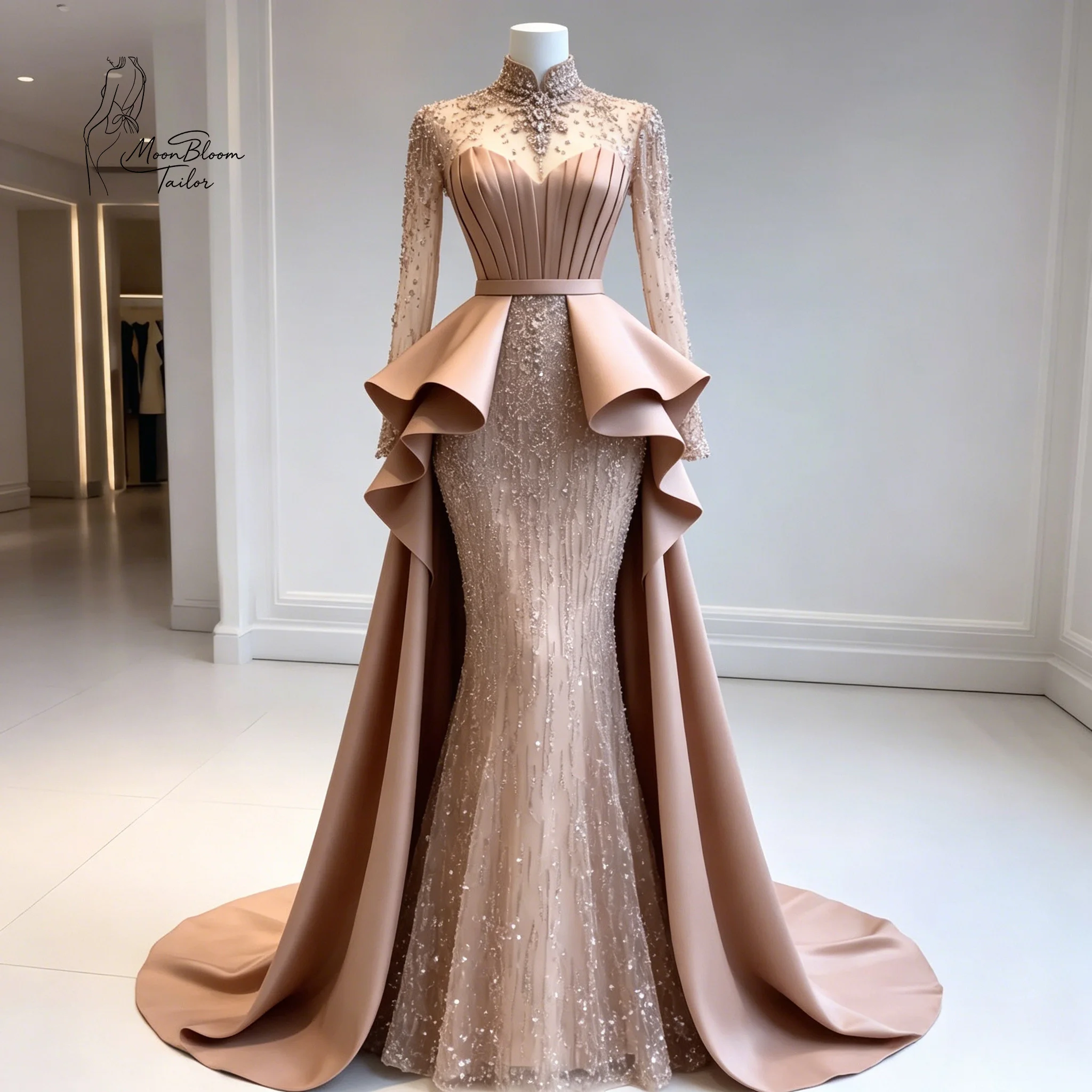 

MoonBloom Tailor Moonlit Champagne Off - Shoulder Floral Embroidered Satin Lace Mermaid Gown | Custom Evening/Prom/Wedding Guest
