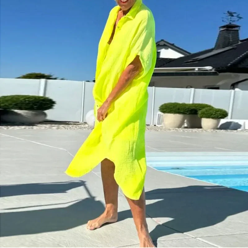 Robe longue décontractée pour femmes, tenue de plage, fente unie, simple boutonnage, chemise à revers, manches courtes, ample, printemps, été