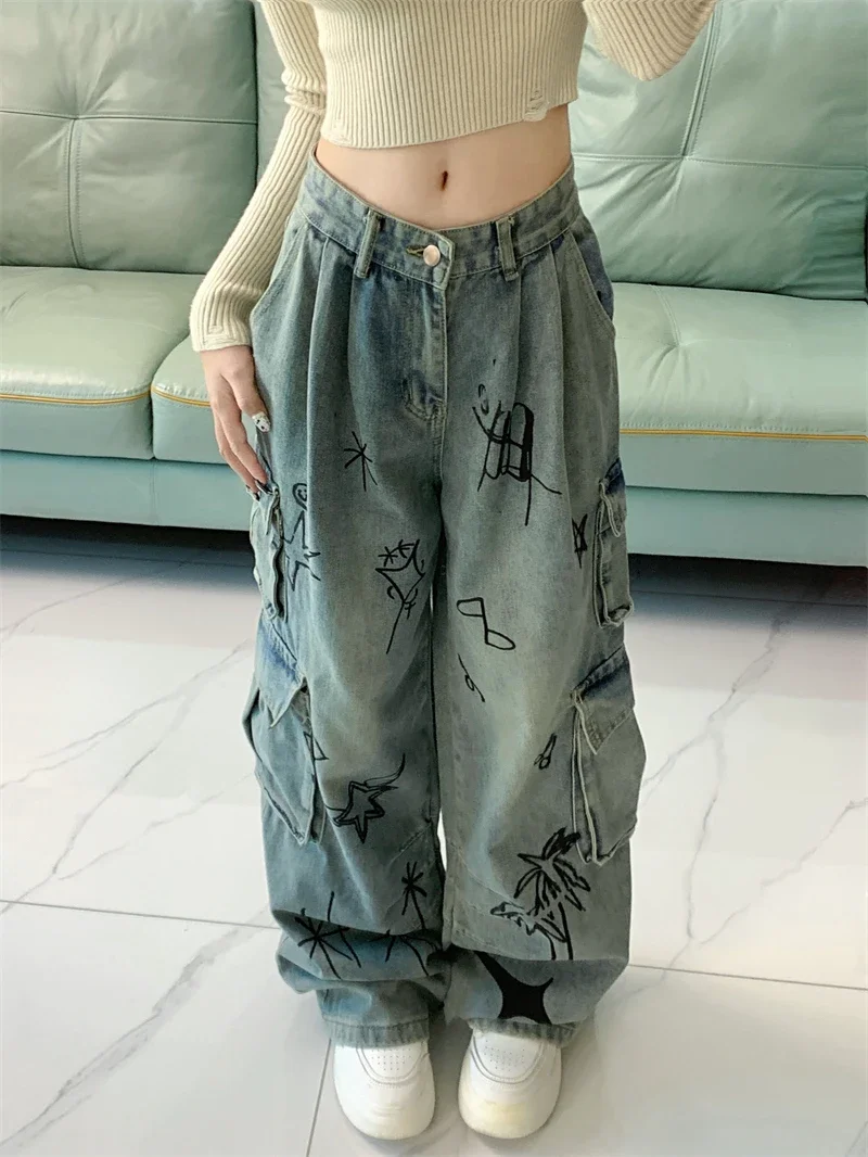 Harajuku Graffiti Blue Y2k Cargo Jeans Baggy Women High Waist Multi Pockets Aesthetic Vintage Denim Trousers Wide Leg Pants