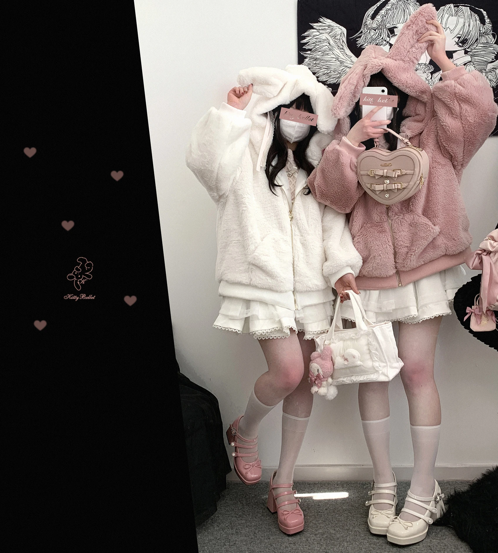 Japanese Style Tie-Up Long Sleeve Sweet Pink Plush Bunny Ear Zipper Lace-Up Hooded Jacket Winter Clothes Women Faux Fur Coats