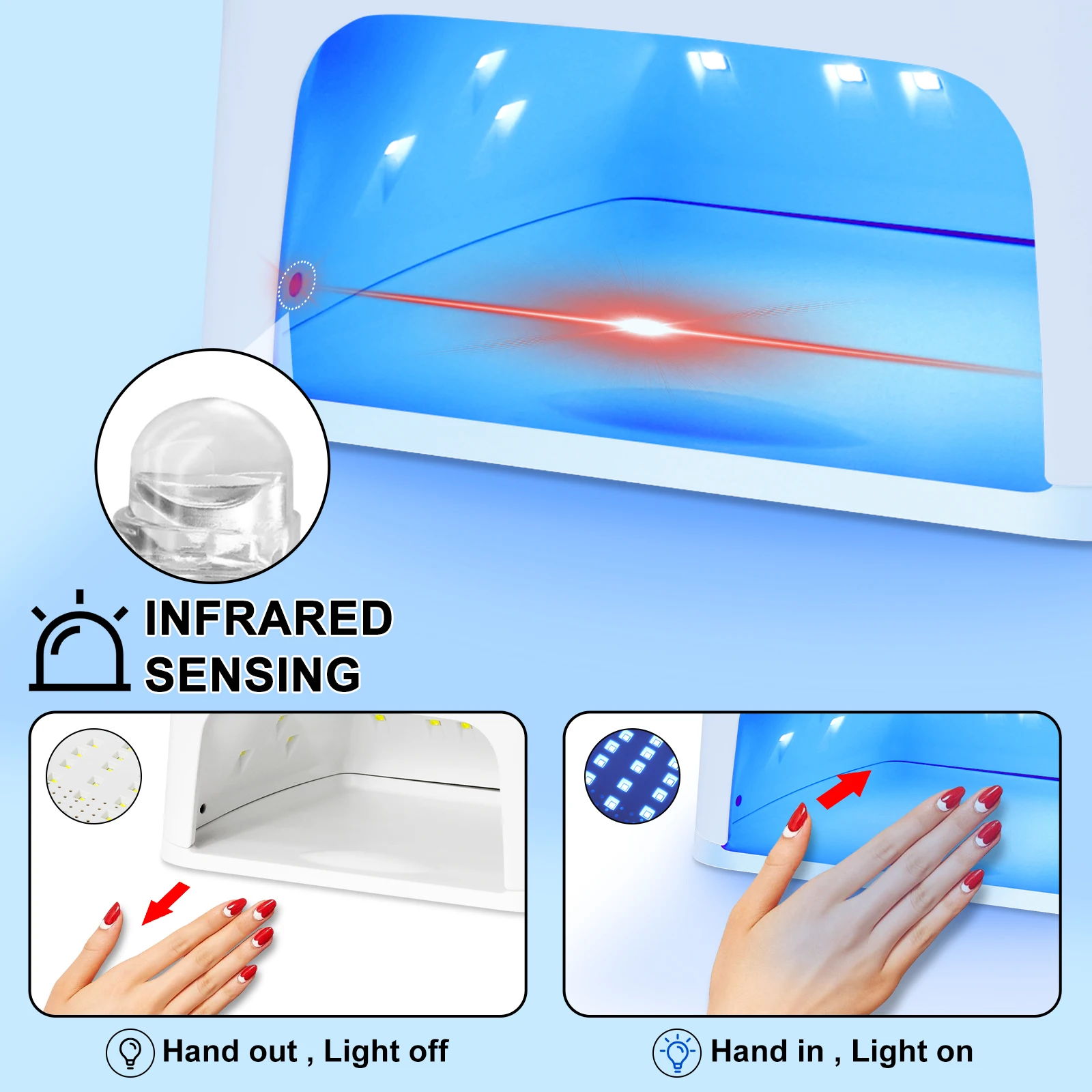 โคมไฟเล็บ LED UV มืออาชีพแบบชาร์จไฟเล็บเจลพร้อมโหมดจับเวลา 4 โหมดและเซ็นเซอร์อัตโนมัติโคมไฟขัดเจลเล็บ