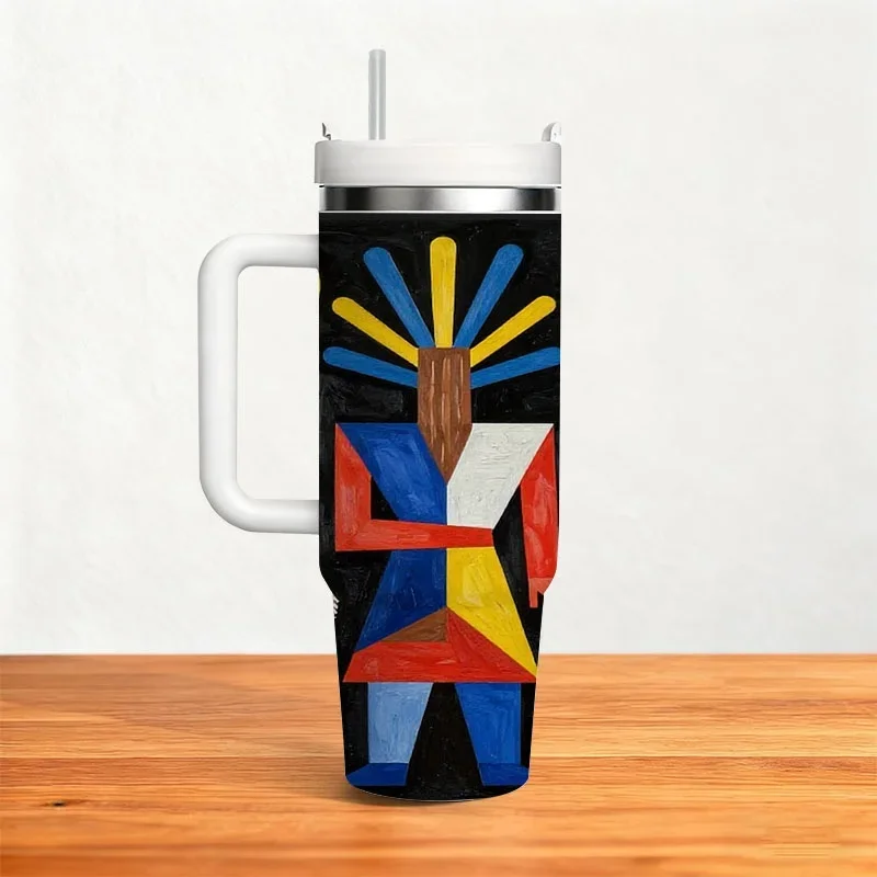 40Oz Stainless Steel Insulated Tumbler, Abstract Geometric Folk Art Digital Print with Bold Color-Blocked Figures And Vivid Contrast, Reusable Thermal Drink Cup for Daily Commute, Office, And Outdoor Use