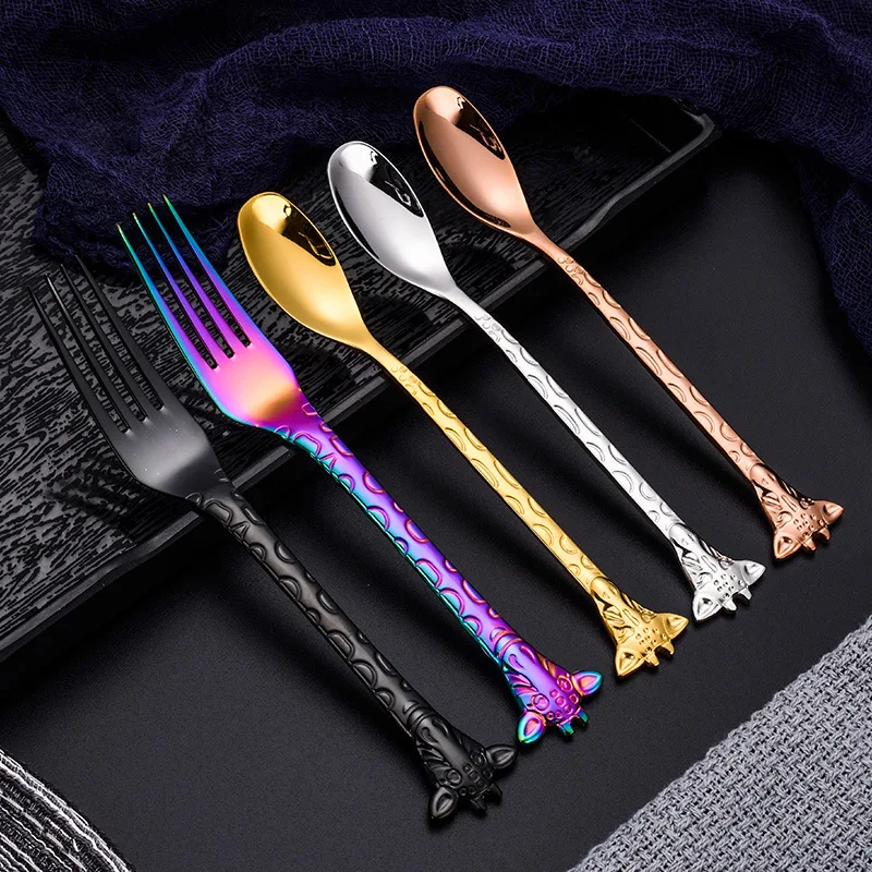 

Creative Giraffe Teaspoon Fork 304 Stainless Steel Fruit Coffee Tea Dessert Cake Spoon Gold Tableware Kitchen Utensils