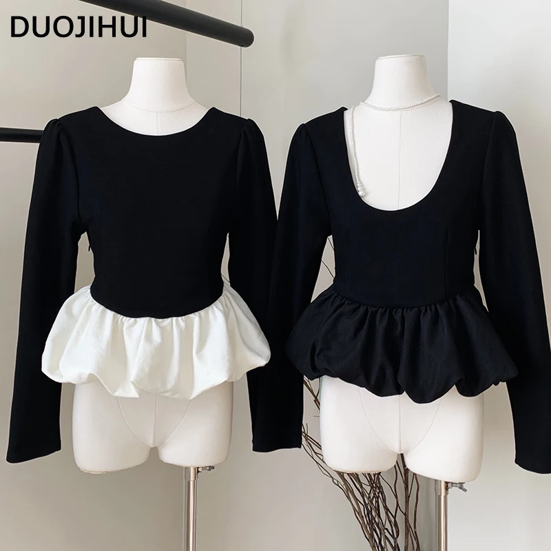 DUOJIHUI Autumn New Chic Neck Contrast Color Female Tops Korean Style Loose Simple Long Sleeve Fashion Slim Casualwomen Clothes