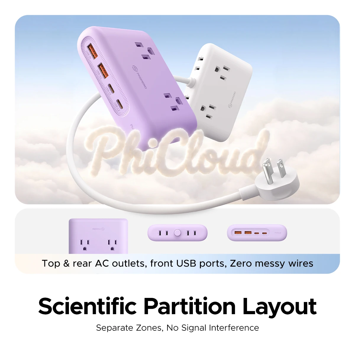 PHIXERO PhiCloud 8‑IN‑1 Desktop Power Strip GaN 25W PD Fast Charging Station Winding Cord Design for Home Office Dorm  US Plug