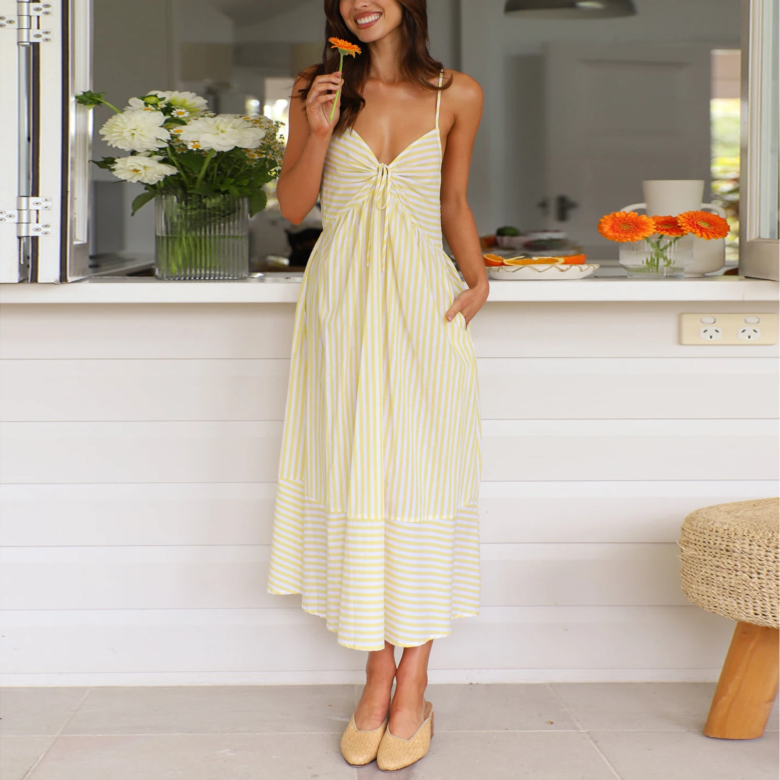 Vestido de maternidad a rayas para mujer, vestido Sexy de verano con tirantes finos y lazo con cordones, escote en forma de corazón, camisola holgada, vestidos de embarazo