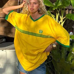 Maglietta gialla con ricamo brasiliano maglietta Casual allentata a maniche medie e lunghe Y2k abbigliamento top t-shirt oversize Beach Summer Women Tees