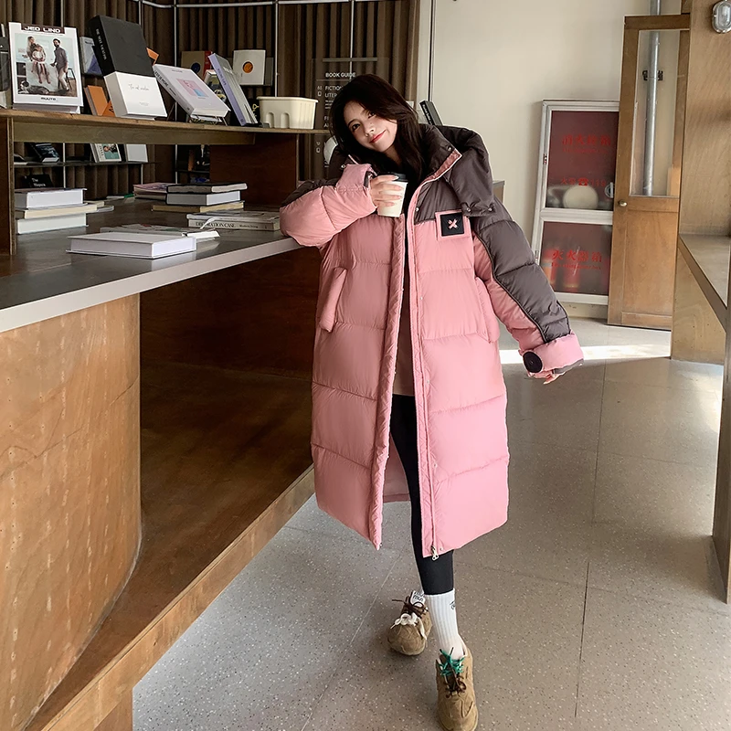 Extended Length Over-Knee Women's Cotton Jacket Thickened down Cotton splice Outerwear Winter Korean Version Student Coat
