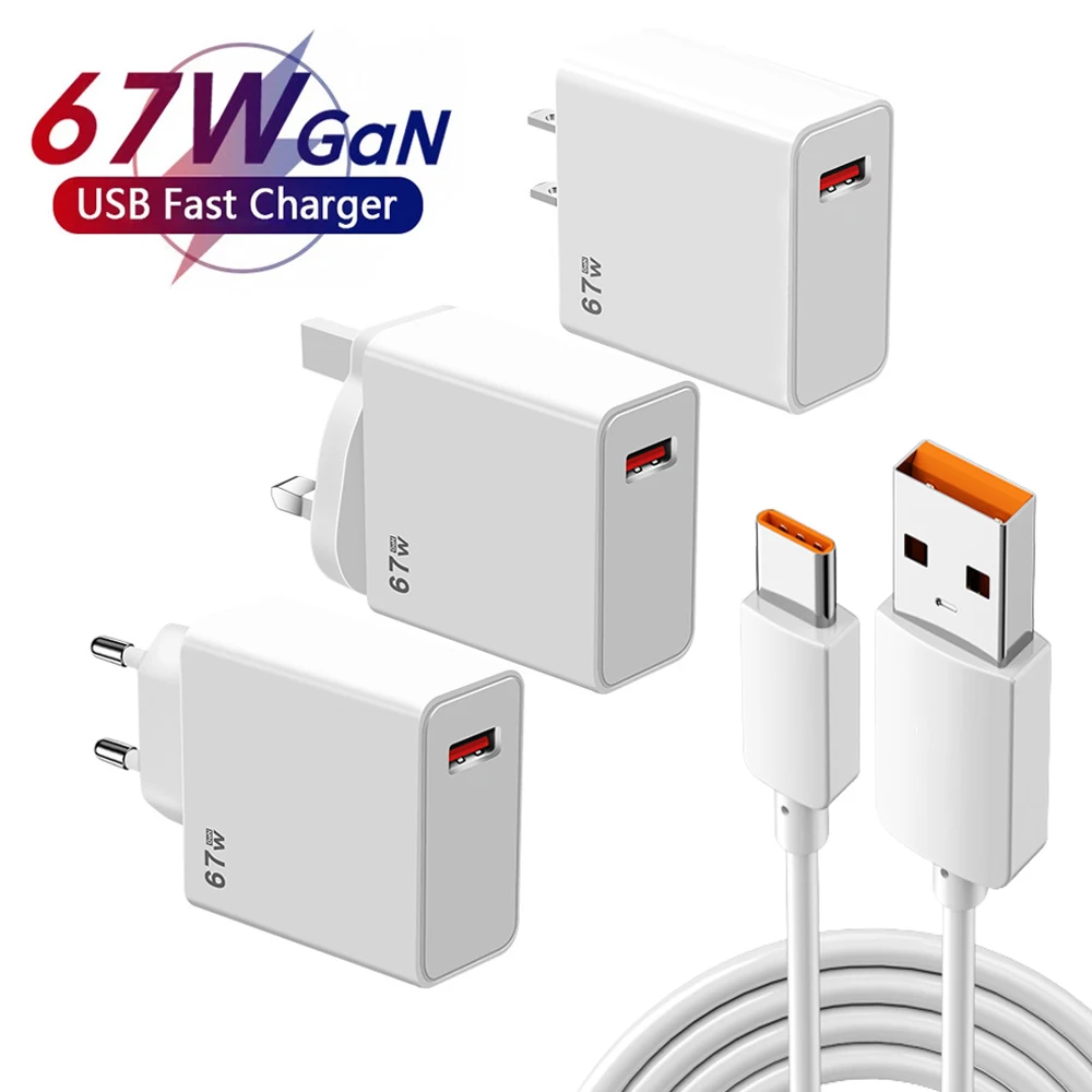 67W Fast Charger USB 10A Cable Kit For Xiaomi 13 12 Pro Redmi Universal EU/US/UK Standard Charger Adapter Charging Cable Set