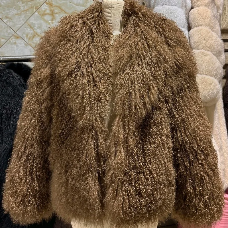 سترة نسائية من فراء الأغنام المنغوليا الحقيقي سترة فرو الأغنام البني الداكن