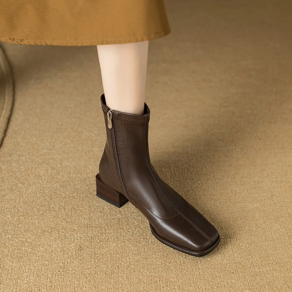 Square Toe Women Ankle Boots Flock Stretch Shoes Thin Mid Heels Black/Brown/Beige Back Zipper Dress Sock Boots Woman