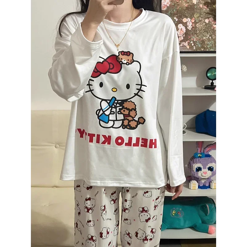 

Sanrio осенние новые брюки с длинными рукавами Hello Kitty, комплект из двух предметов из чистого хлопка, женские пижамы, шелковые пижамы, женская одежда для дома