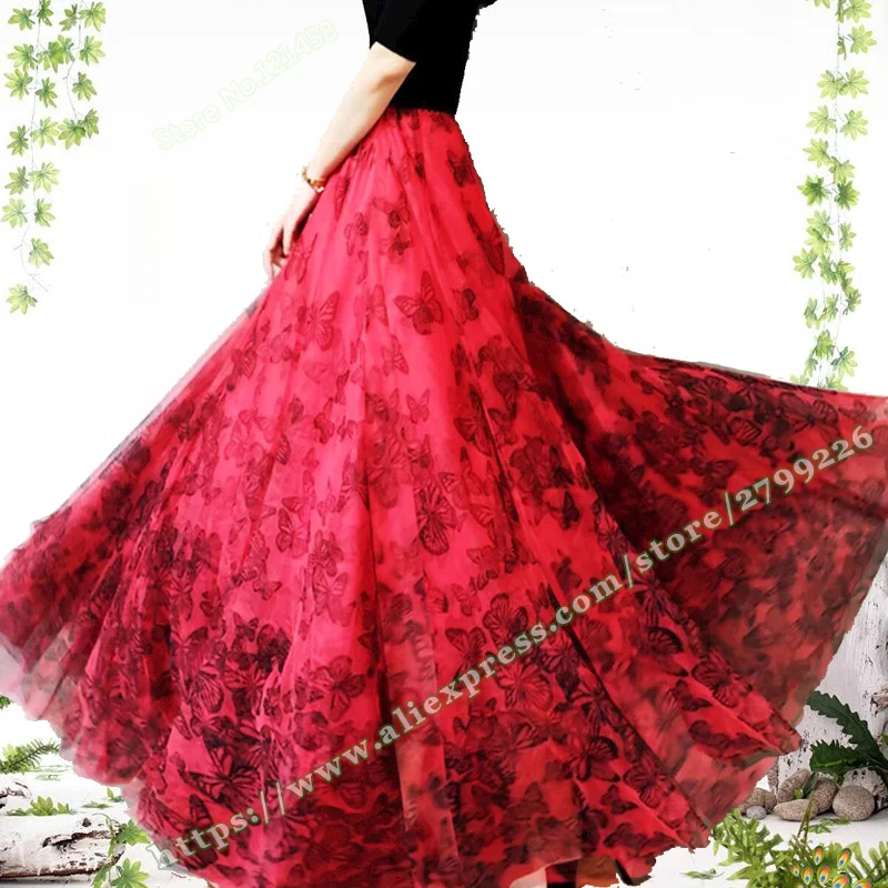 Spring Summer Elegant Red Floral Mesh Butterfly Pattern Flowy Skirts Women Maxi A-line Skirt 2023 Plus Size for Womens Skirts