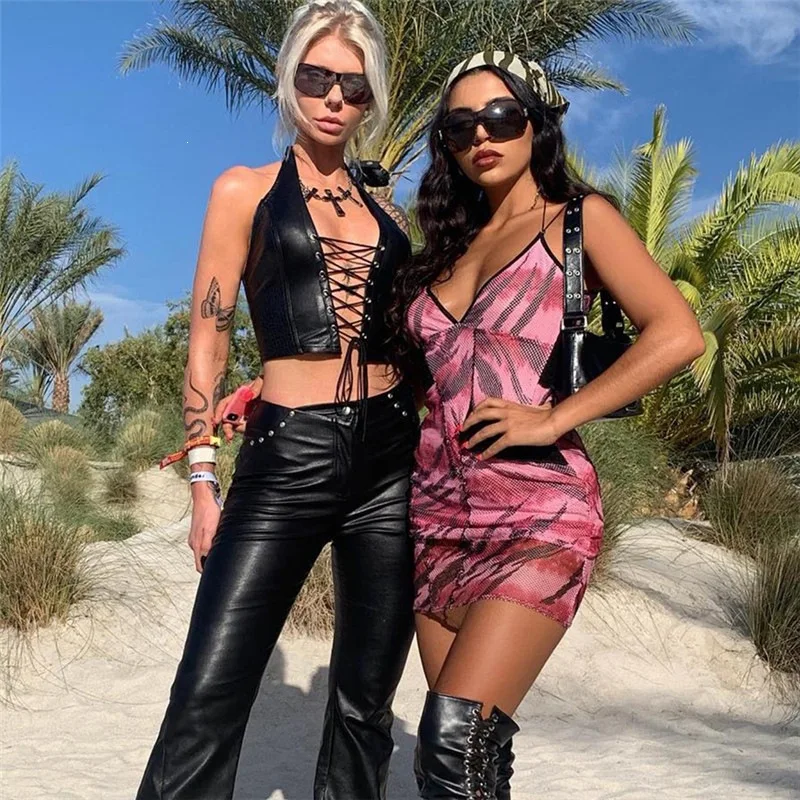 2026 Spring New Women's Clothing Slim Fit Hanging Neck Strap Sexy Hollow Out Open Navel and Back PU Small Tank Top for Women
