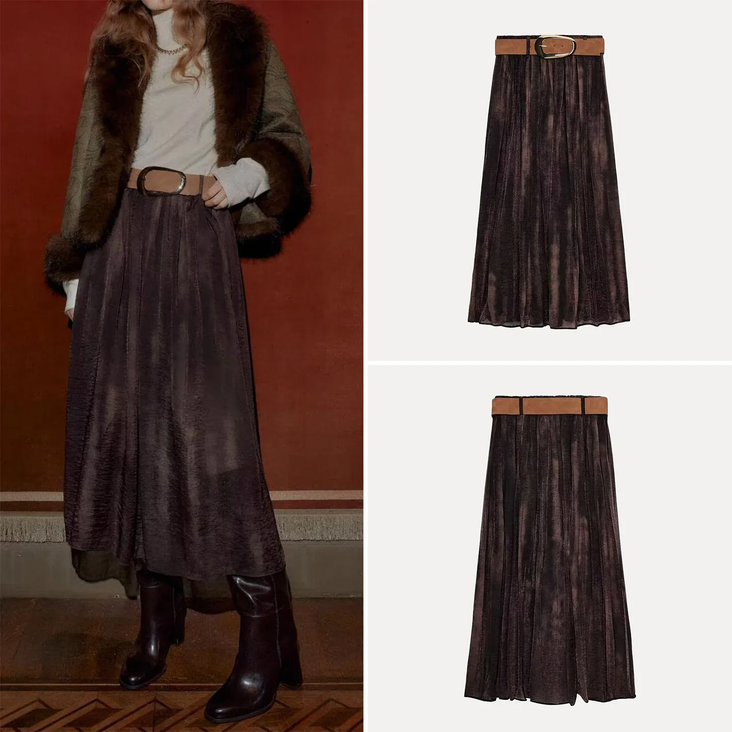 2025 Autumn New Arrival Women's Fashion Personalized Blurry Print Belted Midi Skirt High Waist Standard Fit Daily Wear
