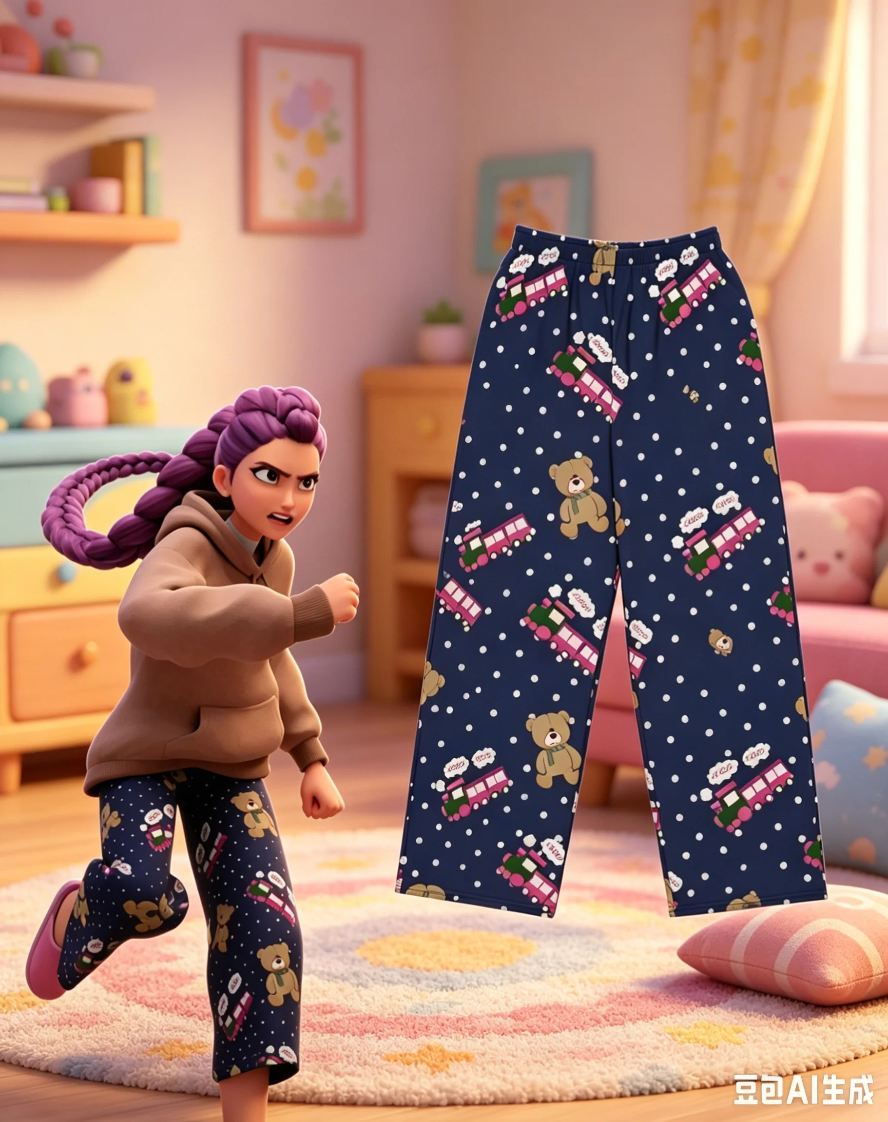 New Kpop Idol Same Style Women Bear Train Print Pajama Pants Blue Polka Dot Casual Loose  Sleepwear Trousers Kpop Fans Concert