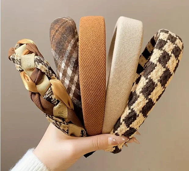 Vintage Elastic Headbands for Women Plaid Sponge Headband Wide Side Hairband Autumn and Winter Female Hair Accessories