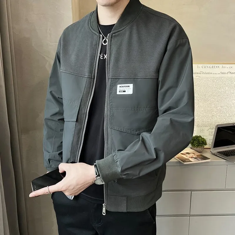 

Men's Casual Stand Collar Zipper Jacket With Pockets And Spliced Design For Daily Wear In Spring And Autumn