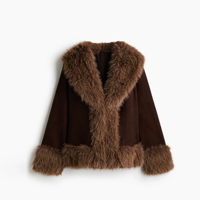 

Women Elegant Trendy Faux Fur Trimmed Short Jacket Long Sleeved Lapel Winter Warm Thick Outwear New Commute High Street Outfit