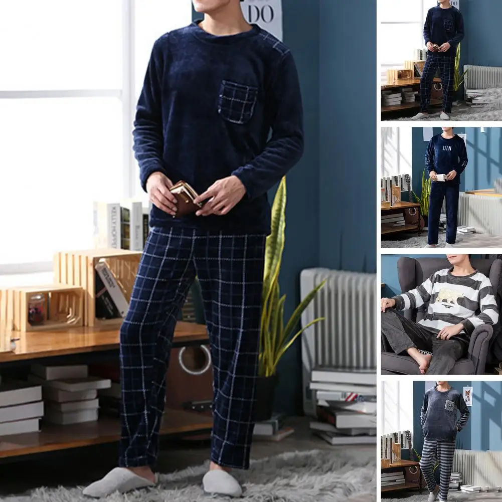 Men Plus Size Loungewear Men's Winter Pajamas Set with Round Neck Long Sleeve Elastic Waist Soft Pockets Cozy Homewear for Cold