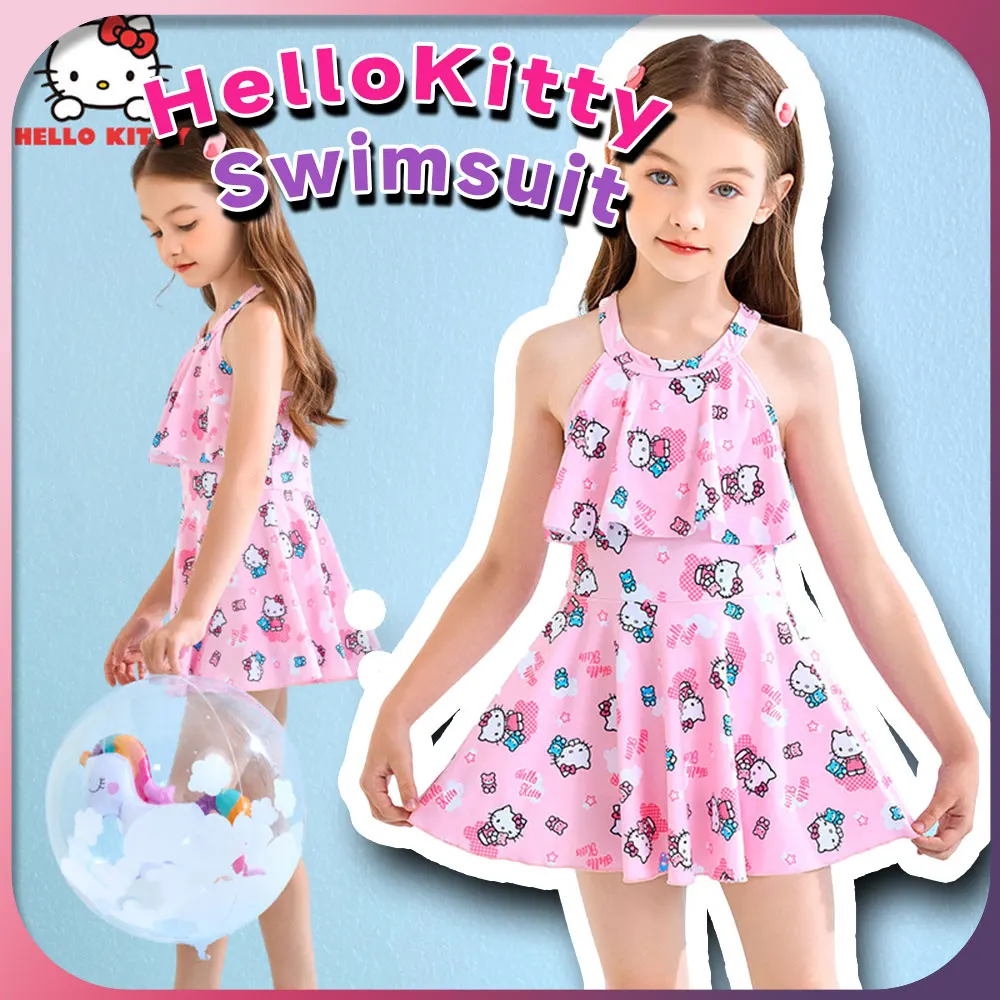 Kawaii Hello Kitty One Piece Swimsuit Sanrio Cute Anime Swimwear Bathing Suit Beach Clothes Gift for Toddler Girls