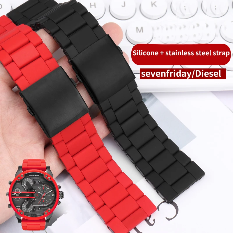 

Ремешок для часов из силикона + нержавеющей стали для часов Diesel Seven Fridays 24 мм, 26 мм, 28 мм, черный мужской браслет со складной пряжкой