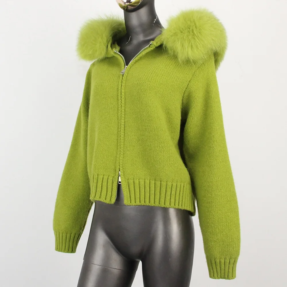 

Модный осенне-зимний кардиган с капюшоном из натурального лисьего меха, пальто для женщин, повседневная модная короткая вязаная куртка