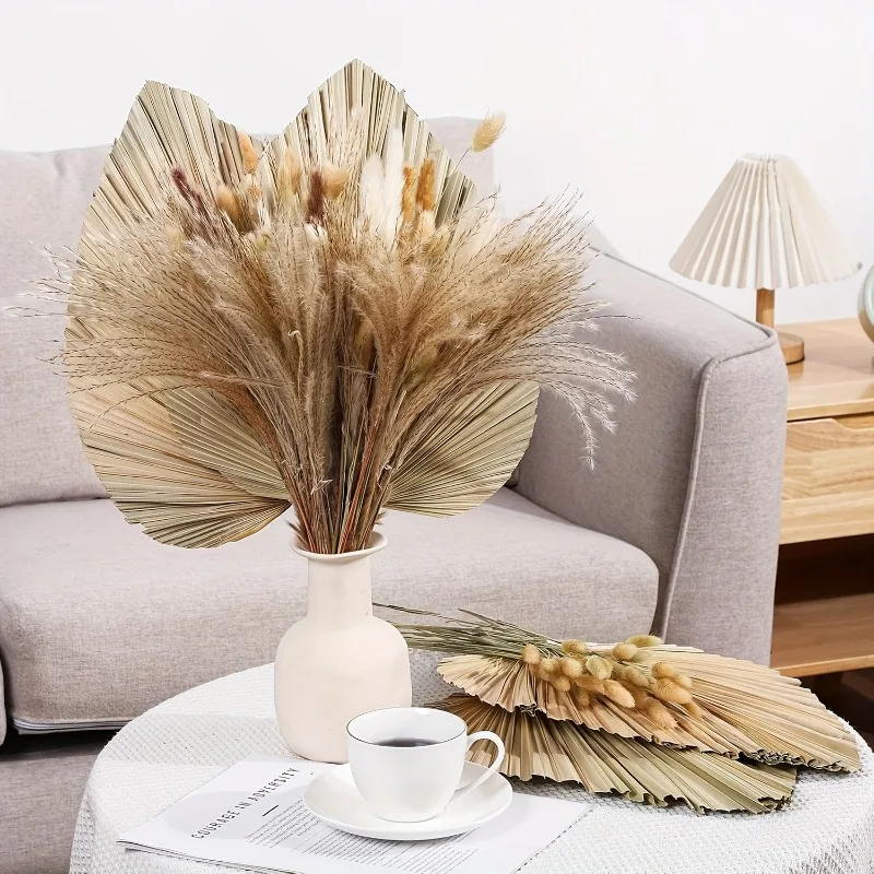 105Pcs Bulk Dried Pampas Grass Set Artificial Flowers Palm Spears Bunny Tails Reed Grass Palm Leaves Boho Home Wedding Decor - view 3