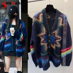 2022 Spring Winter New Thick Long-Sleeved Knitted Cardigan Women Fashion Rainbow Contrast V-neck Loose Oversized Sweater Coat