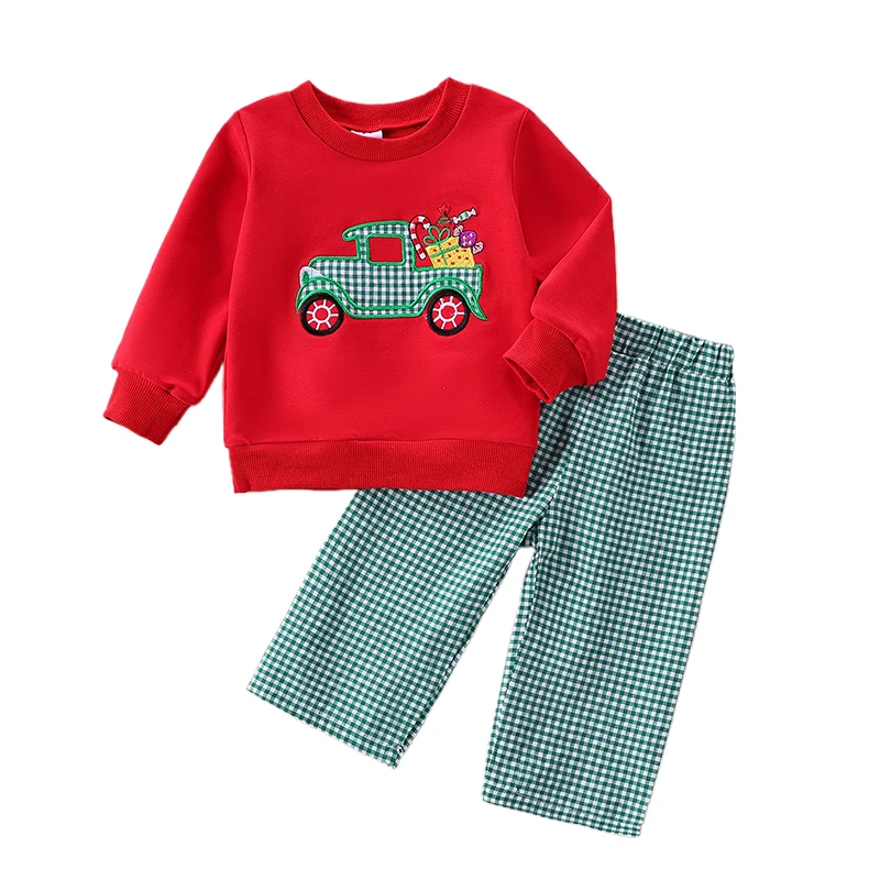 

Toddler Girl Christmas Outfits Truck Print Long Sleeve Crew Neck Sweatshirt with Elastic Waist Plaid Pants 2Pcs Set