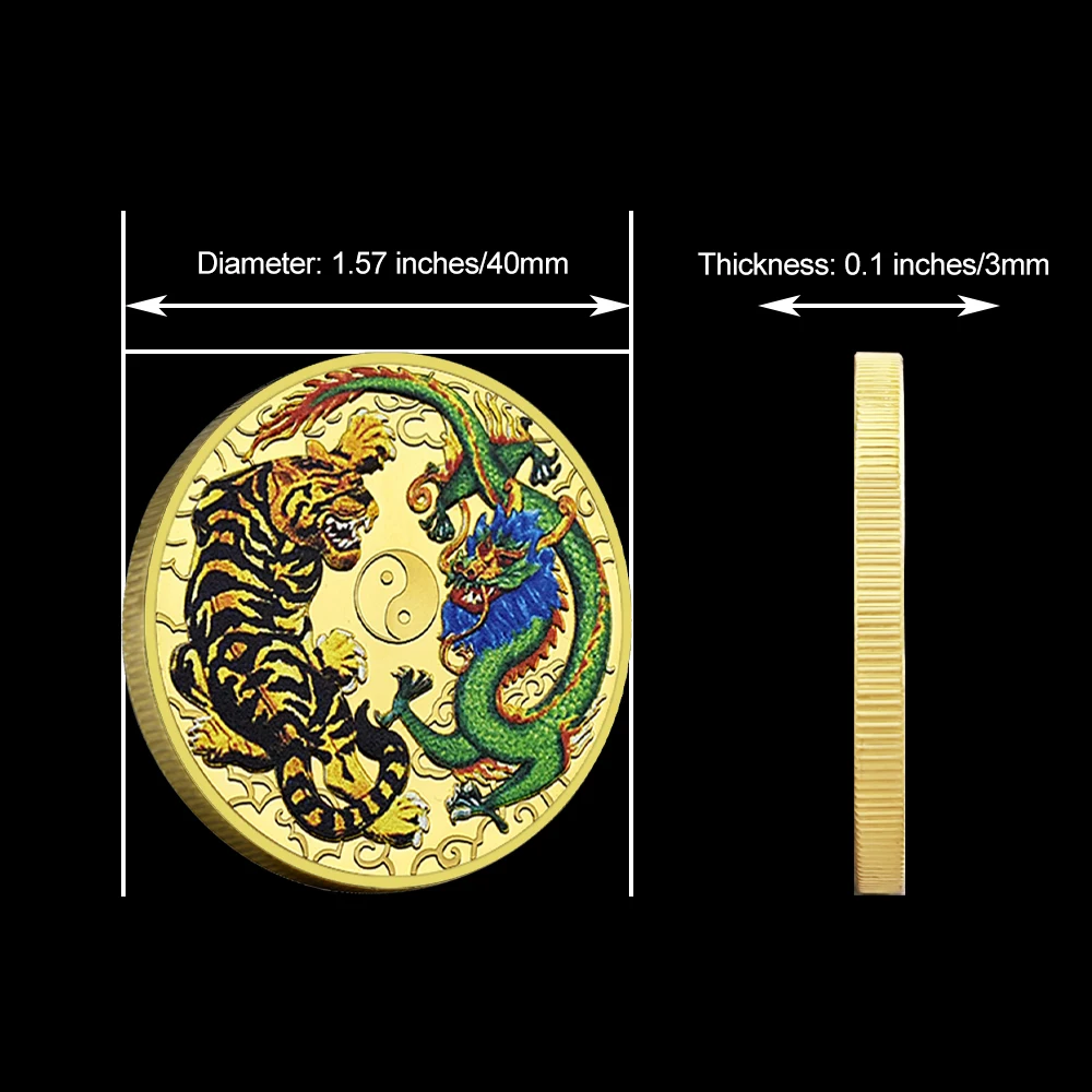 Chinese Dragon Tiger Coin Feng Shui Yin Yang Gold Plated Challenge Coin Lucky Amulet Collectible Gift