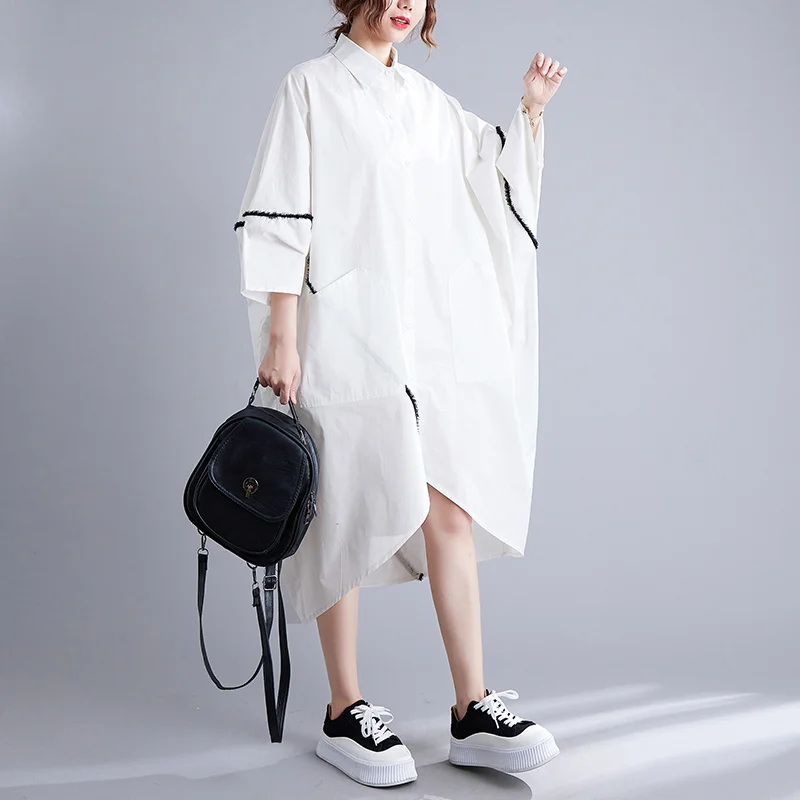 #3483 White Women Asymmetrical Shirt Dress Batwing Sleeve Loose Front Buttons Midi Dress Big Pockets Turn-down Collar Summer2023