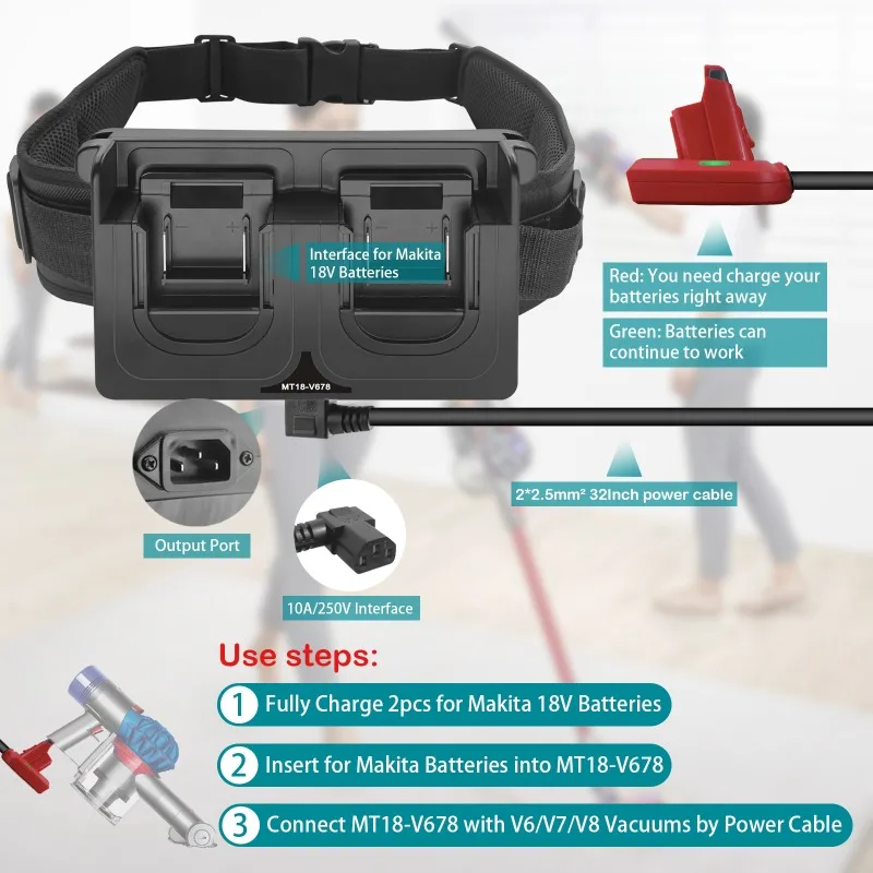 HAKSINKY Dual-Battery Waist-Mounted Weight Reducer for Makita/Milwaukee/Bosch 18/20V Battery To for Dyson V6V7V8 Vacuum Cleaners