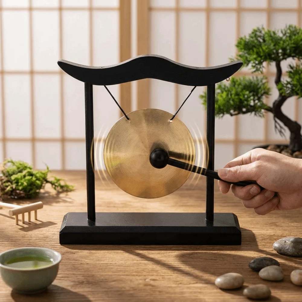 

Retro Relaxation Desktop Gong Fortune Creative Copper Bell High Volume Wood Frame Feng Shui Metal Cymbals House Warming