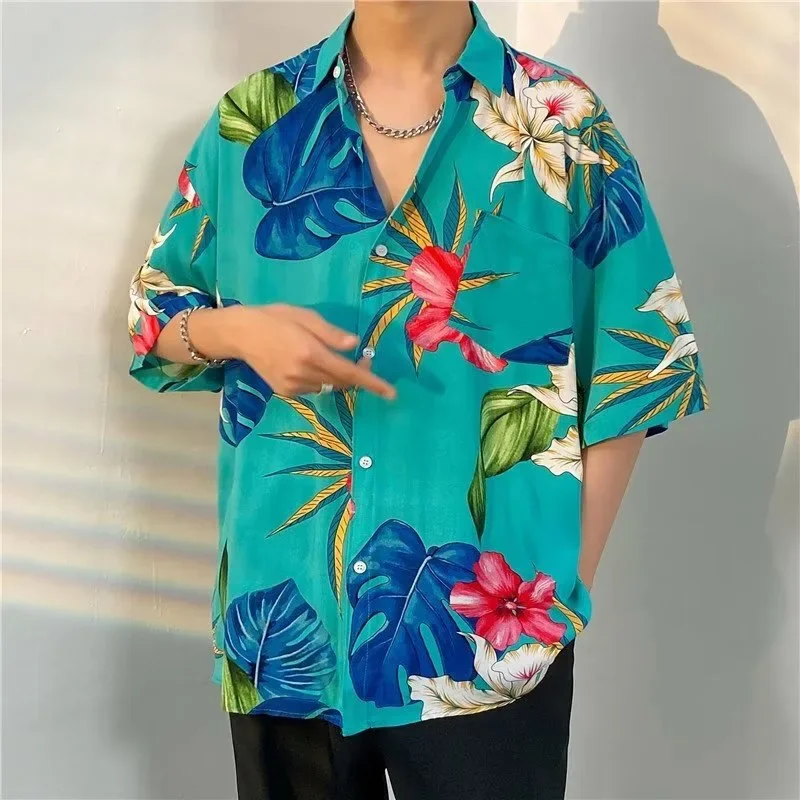 Men's Summer Hawaiian Short Sleeve Floral Shirt Loose Fitting Versatile Handsome Top Fashion Vintage Beach Print Shirt