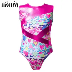 Kids Girls Printed Metallic Ballet Jersey Leotards Tights Hollow Out Rhythm Gymnastic Bodysuit Artistic Figure Skating Costumes