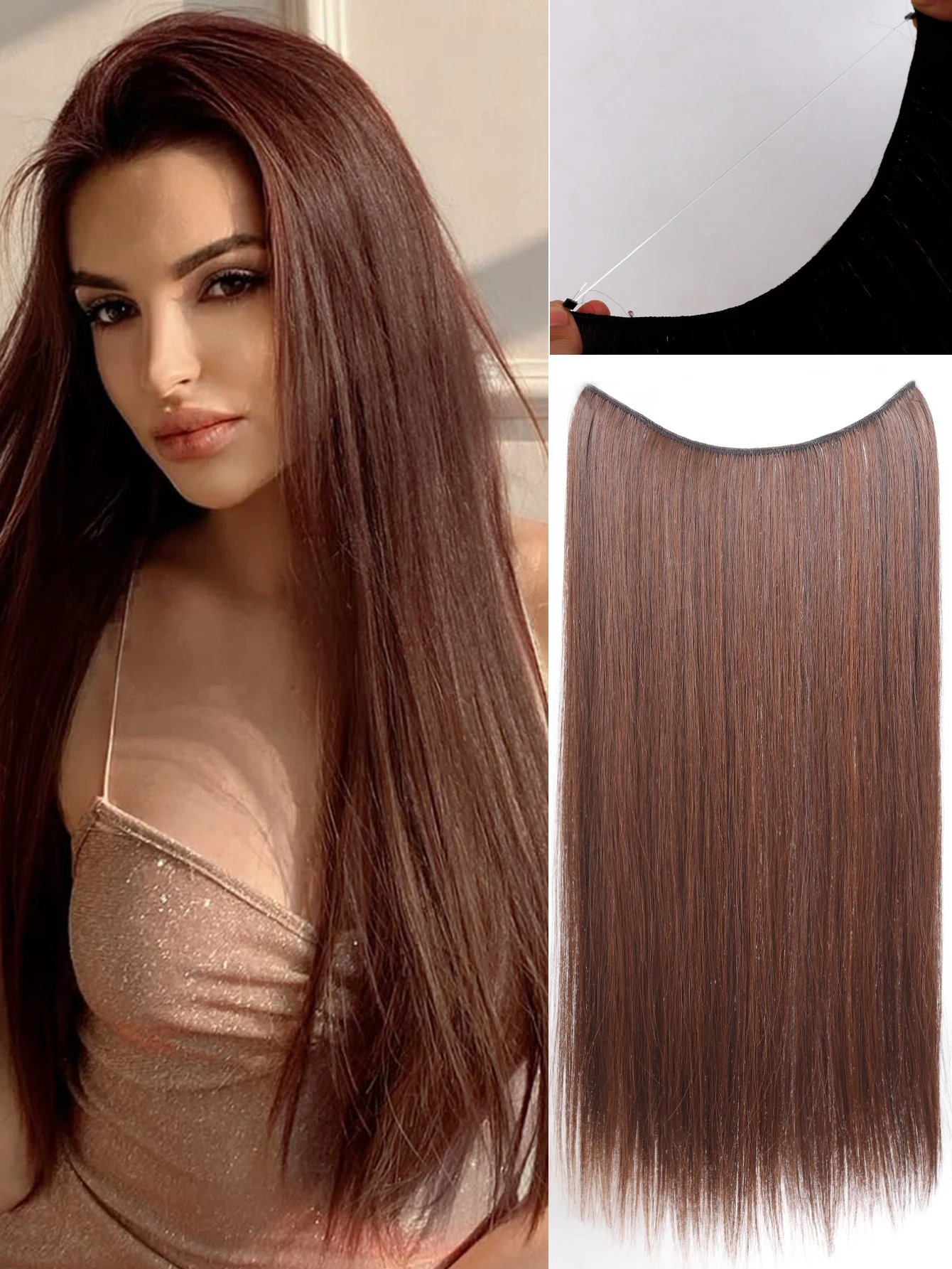 Extensions de cheveux synthétiques avec fil invisible pour femme, sans clips, postiches Fish Line, faux cheveux, 24 po