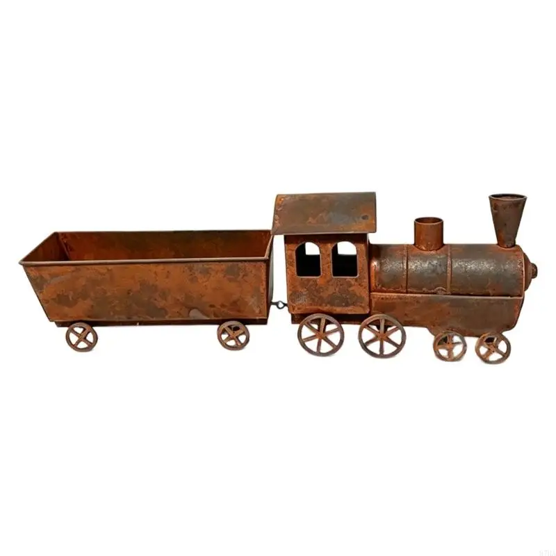 Iron Train Flower Pot with Stamped Construction, Body Without Welded Seams, and Wheel Features for Succulents and Small 87HA