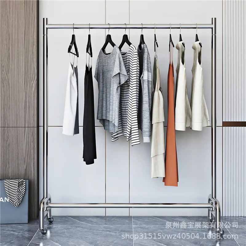 Custom Clothing Store Display Rack Stainless Steel Double Layer Garment Rack Movable Display Shelf Clothes Rack Floor Stand with